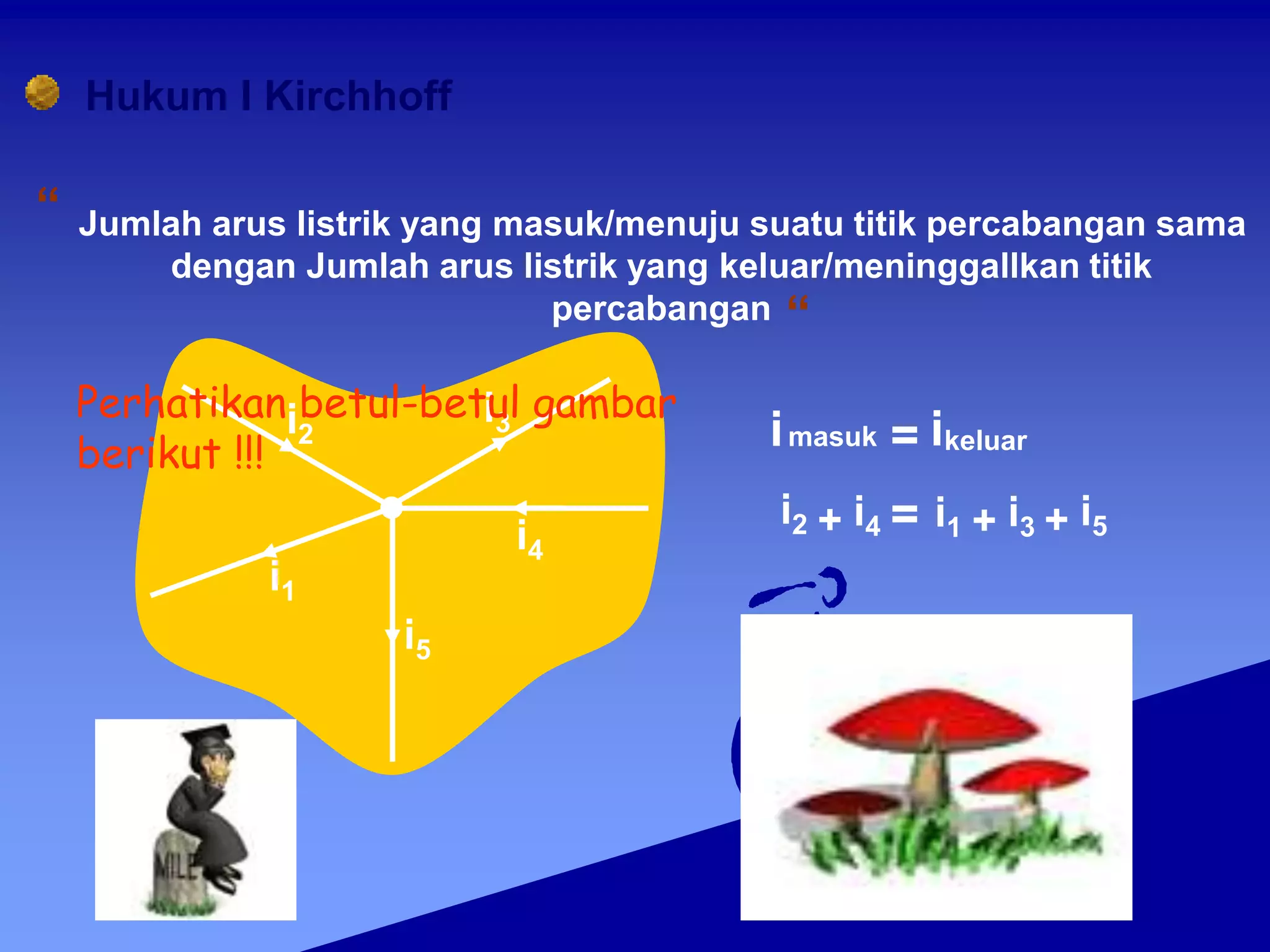 Hukum I Kirchhoff
Jumlah arus listrik yang masuk/menuju suatu titik percabangan sama
dengan Jumlah arus listrik yang keluar/meninggallkan titik
percabangan
“
“
i2
i1
i3
i4
i5
ikeluar
imasuk =
=
i2 + i4 i1 + i3 + i5
Perhatikan betul-betul gambar
berikut !!!
 