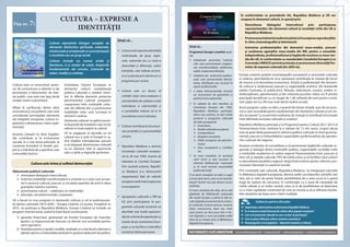 CULTURA – EXPRESIE A
IDENTITĂȚII
Fișa nr. 7:
Cultura reprezintă întregul complex de
elemente distinctive spirituale, materiale,
intelectualeșiemoționalececaracterizează
o societate sau un grup social.
Cultura include nu numai artele și
literatura, ci și modul de viață, drepturile
fundamentale ale omului, sistemele de
valori, tradiții și credințe.
Ştiaţi că...
 Culturaesteexpresiaidentității
(individuale, de grup, regio-
nale, naționale etc.) şi miză a
diversității şi diferenței, valori
esențiale, care trebuie asuma-
te şi susținute prin demersuri şi
programe pro-active.
 Cultura este un factor al
calității vieții; orice evaluare a
standardelor de calitate a vieții
individului, a colectivității şi
a societăților trebuie să ia în
considerare acest indicator.
 Culturacontribuielastructura-
rea societății şi a personalității
umane.
 Republica Moldova a semnat
Convenția culturală europea-
nă la 24 mai 1994, înainte de
aderarea la Consiliul Europei.
Prin această acţiune, Republi-
ca Moldova şi-a demonstrat
ataşamentul faţă de valorile
europenereafirmândopțiunea
sa europeană.
 Apropierea culturală a RM de
UE prin participarea la pro-
gramele culturale existente va
deschide mai multe oportuni-
tăţideschimbdeexperienţăcu
statele de pe continentul Euro-
pean şi va facilita şi intensifica
contactul dintre persoane.
Cultura este un instrument puter-
nic de comunicare a valorilor şi de
promovare a obiectivelor de inte-
res public, care este mai larg decât
simpla creare a plusvalorii.
Aflată la confluența dintre sfera
economică şi cea politică, care sunt
considerate principalele elemente
ale integrării europene, cultura re-
prezintă o dimensiune-cheie supli-
mentară.
Aceasta creează nu doar bogăție,
dar contribuie şi la incluziunea
socială, la o mai bună educație, la
creşterea încrederii în forțele pro-
prii şi a mândriei de a aparține unei
comunități istorice.
Activitatea Uniunii Europene în
domeniul culturii completează
politica culturală a statelor mem-
bre în diferite domenii: protecția
patrimoniului cultural european,
cooperarea între instituțiile cultu-
rale din diferite țări şi promovarea
mobilității celor care lucrează în
domenii creative.
Sectorului cultural i se aplică anumi-
te dispoziții ale tratatelor care nu fac
referire în mod explicit la cultură.
UE se angajează să dezvolte un rol
cultural nou şi activ al Europei în ca-
drul relațiilor internaționale, precum
şi să integreze dimensiunea culturală
ca un element vital în raporturile
sale cu țările şi regiunile partenere.
Cultura este inima și sufletul democrației
Obiectivele politicii culturale:
 stimularea dialogului intercultural;
 întărirea mobilității transfrontaliere a artiştilor şi a celor care lucrea-
ză în sectorul cultural, precum şi circulația operelor de artă în afara
granițelor statelor membre;
 promovarea culturii – catalizator al creativității;
 educație, cercetare/inovații, cooperare.
UE a lansat un nou program în domeniile cultural şi cel al audiovizualu-
lui pentru perioada 2014-2020 – Europa creativă. La acesta, începând cu
2015, va participa şi Republica Moldova. Europa Creativă va include un
program intersectorial, având la bază două constituente:
1) garanție financiară, gestionată de Fondul European de Investiții,
pentru ca împrumuturile bancare să devină mai accesibile pentru
micii operatori;
2) finanțare pentru a sprijini studiile, analizele şi o mai bună colectare a
datelor pentru a îmbunătăți dovezile în sprijinul elaborării de politici. INFORMAȚII SUPLIMENTARE www.infoeuropa.md • www.coe.int • www.europa.eu • www.eur-lex.europa.eu
Ştiaţi că...
Programul Europa creativă spriji-
nă:
 inițiativele sectorului Cultură,
cele care promovează coopera-
rea transfrontalieră, platforme,
rețele, traducerea literară;
 inițiative ale sectorului audiovi-
zual, care promovează dezvol-
tarea, distribuția sau accesul la
opere audiovizuale;
 o rețea intersectorială, inclusiv
un instrument de garantare şi
politică transnațională;
 În calitate de stat membru al
Consiliului Europei din 1995,
Republica Moldova participă,
direct sau indirect, la mai multe
proiecte şi programe culturale
de talie europeană:
 Eurovision;
 Rutele culturale europene;
 Compendium;
 Noaptea muzeelor;
 Zilele europene ale patrimo-
niului;
 Ziua europeană a Limbilor
etc.
 Ai visat vreodată să accesezi
cărti vechi şi rare ascunse în
arhivele bibliotecilor naţionale
şi, în mod normal, inaccesibile
publicului larg?
Ţi-ai dorit vreodată să obţii o copie
a unei cărţi vechi, care nu se mai edi-
tează? Aceste vise pot deveni acum
realitate.
O mare varietate de cărţi, de la cele
găzduite de bibliotecile naţionale
din toată Europa şi până la alte lu-
crări digitale provenind de la institu-
ţii culturale, inclusiv picturi, muzică,
hărţi, manuscrise, ziare sau chiar
vase antice au fost puse într-o for-
mă digitală şi sunt accesibile astfel
doar la un simplu click, în Biblioteca
digitală Europeană.
În conformitate cu prevederile AA, Republica Moldova și UE vor
coopera în domeniul culturii, în special prin:
- Dezvoltarea dialogului intercultural prin participarea
reprezentanților din domeniul culturii și societății civile din UE și
Republica Moldova;
- Promovareaindustrieiaudiovizualuluișiîncurajareacoproducțiilor
în sfera cinematografiei și televiziunii;
- Instruirea profesioniștilor din domeniul mass-mediei, precum
și susținerea agențiilor mass-media din RM, pentru a consolida
independența, profesionalismul și legăturile acestora cu mass-me-
dia din UE, în conformitate cu standardele Consiliului Europei și cu
Convenția UNESCO privind protecția și promovarea diverstății for-
melor de expresie culturală din 2005 etc.
Europa creativă sprijină cinematografia europeană şi sectoarele culturale
şi creative, permițându-le să-şi sporească contribuția la crearea de locuri
de muncă şi la dezvoltare economică. Artiştii şi profesioniştii din domeni-
ile cultural şi audiovizual, precum şi organizațiile artistice, din domeniile
artelor frumoase, al publicisticii, filmului, televiziunii, muzicii, artelor in-
terdisciplinare, patrimoniului şi din industria jocurilor video vor fi printre
principalii beneficiari cu un buget de 1,46 miliarde de euro pentru urmă-
torii şapte ani (cu 9% mai mult decât nivelul actual).
Acest program-cadru va oferi„o poartă de intrare simplă, uşor de recunos-
cut şi uşor accesibilă pentru profesioniştii din domeniul cultural şi cel cre-
ativ european”şi„va permite realizarea de sinergii şi contribuții încrucişate
între diferitele sectoare culturale şi creative”.
Republica Moldova participă şi la Programul pentru Cultură 2011-2015 al
Parteneriatului Estic (estimat la o valoare de 12 mil. euro), scopul căruia
este să ajute ţările partenere în reforma politicii culturale la nivel guverna-
mental, precum şi îmbunătăţirea capacităţilor profesionaliste ale operato-
rilor culturali din regiune.
Aceasta urmăreşte să consolideze şi să promoveze legăturile culturale re-
gionale şi dialogul dintre instituţiile publice, organizaţiile societăţii civile
şi instituţiile academice în cadrul regiunii Parteneriatului Estic, precum şi
între UE şi reţelele culturale PEV din ţările estice şi să fortifice rolul culturii
în dezvoltarea durabilă a regiunii, drept forţă motrice pentru reforme, pro-
movarea toleranţei şi coeziunii sociale.
Prin instituțiile sale culturale, Republica Moldova îşi integrează colecţiile
în Biblioteca digitală Europeană, oferind astfel cercetătorilor ştiinţifici din
tară, dar şi celor de peste hotare, posibilitatea de a avea acces la o gamă
largă de opţiuni de cercetare, în combinaţie cu o bază de metadate de
înaltă calitate şi un index central, ceea ce le dă posibilitatea să detecteze
cu o mare rapiditate conţinutul de care au nevoie şi să-şi rafineze rezulta-
tele căutărilor pe baza unor criterii multiple.
Subiecte pentru discuţie:
 Importanța culturii pentru modernizarea Republicii Moldova.
 În ce măsură sunteți interesat de cultura altor popoare europene?
 Care ar fi proiectele culturale la care a-ți dori să participaţi?
 Cum ar putea influența cultura creșterea economică?
 Meșteșugurile și arta populară – impactul economic și cultural.
 