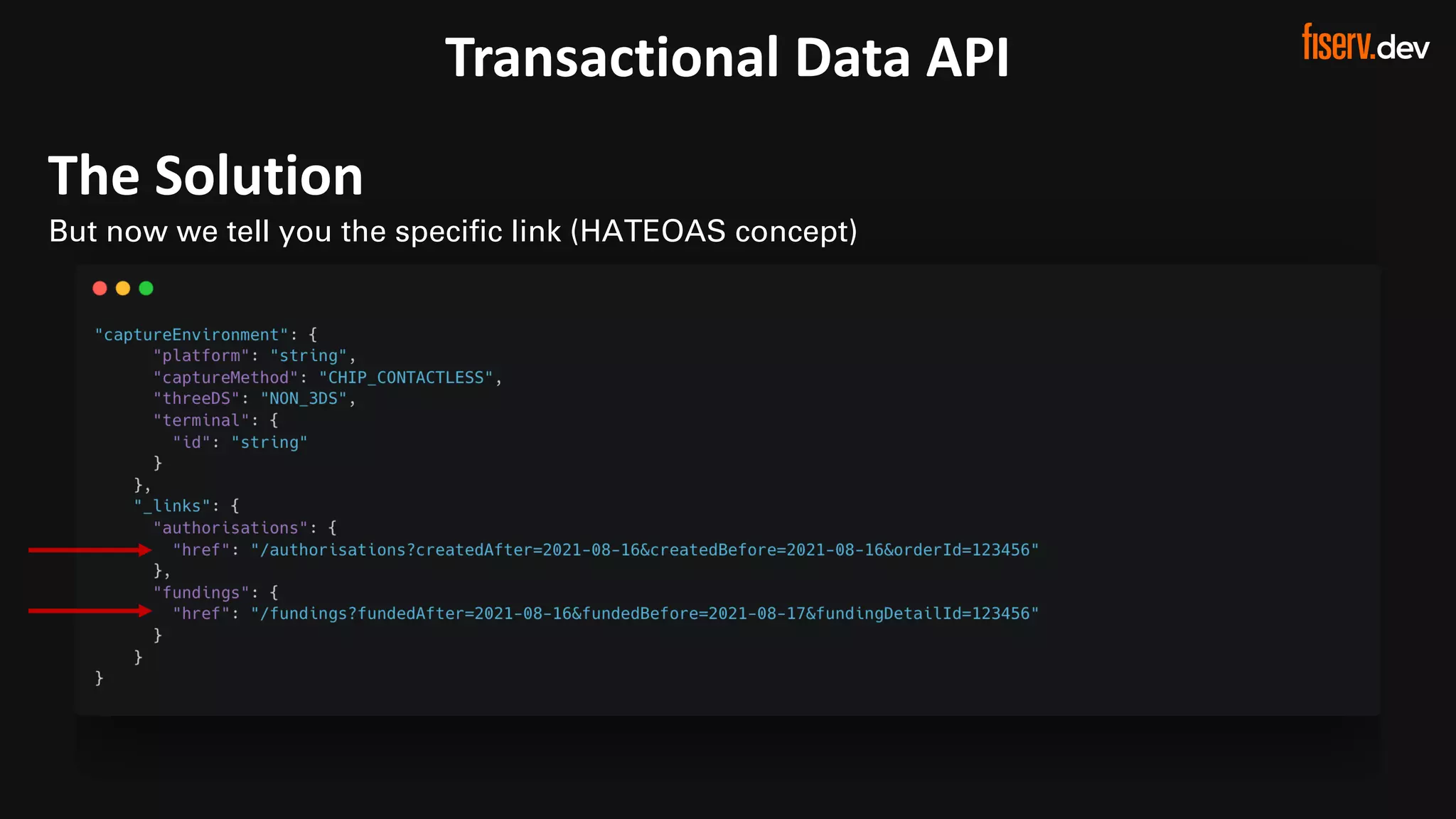 20 © 2022 Fiserv, Inc. or its affiliates. | FISERV PUBLIC
Recognized by Fast Company
World’s Most Innovative Companies 2022
Transactional Data API
The Solution
But now we tell you the specific link (HATEOAS concept)
 