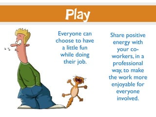 Play
Everyone can Share positive
choose to have energy with
a little fun your co-
while doing workers, in a
their job. professional
way, to make
the work more
enjoyable for
everyone
involved.