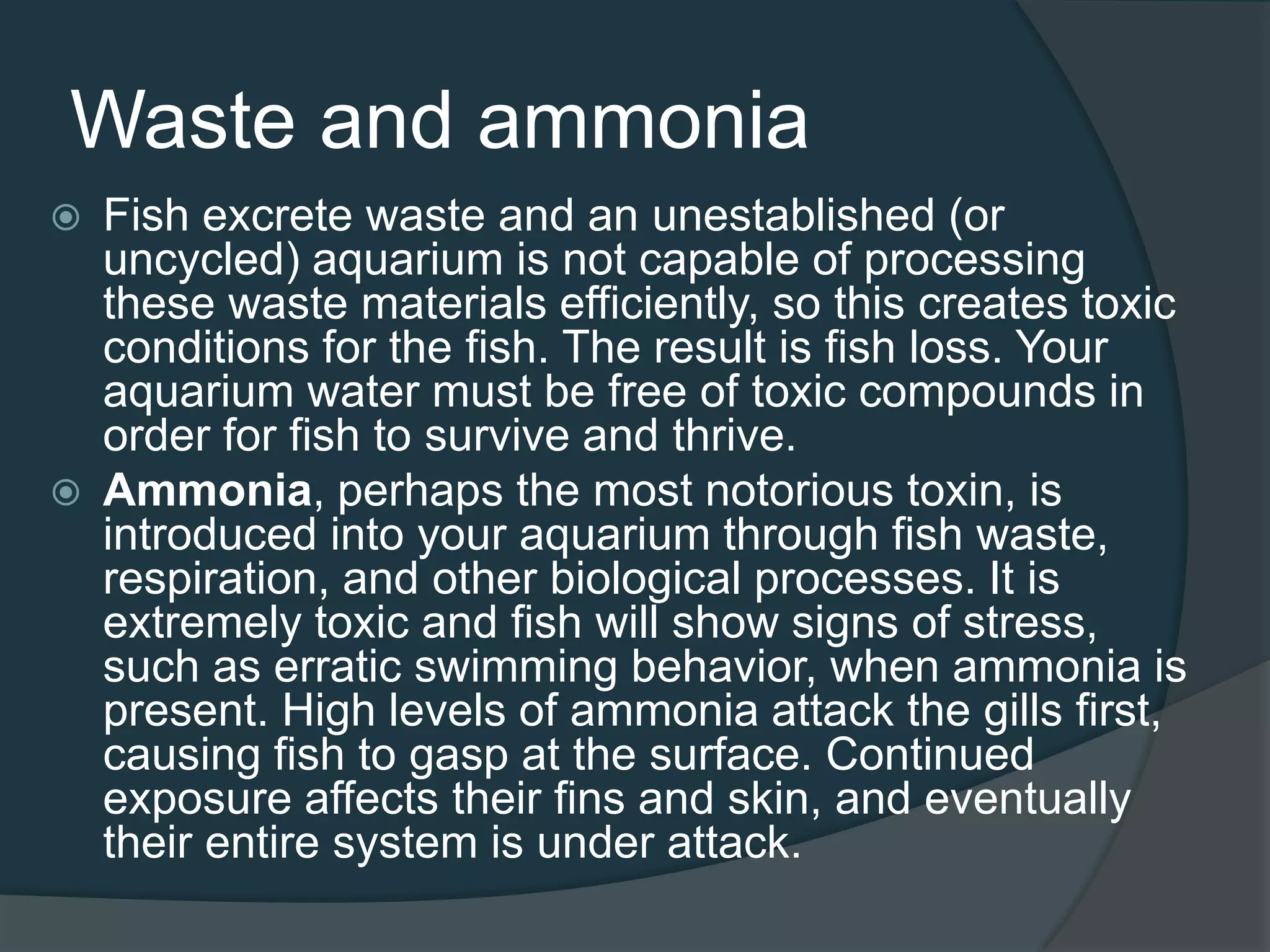 Waste and ammonia
 Fish excrete waste and an unestablished (or
uncycled) aquarium is not capable of processing
these waste materials efficiently, so this creates toxic
conditions for the fish. The result is fish loss. Your
aquarium water must be free of toxic compounds in
order for fish to survive and thrive.
 Ammonia, perhaps the most notorious toxin, is
introduced into your aquarium through fish waste,
respiration, and other biological processes. It is
extremely toxic and fish will show signs of stress,
such as erratic swimming behavior, when ammonia is
present. High levels of ammonia attack the gills first,
causing fish to gasp at the surface. Continued
exposure affects their fins and skin, and eventually
their entire system is under attack.
 