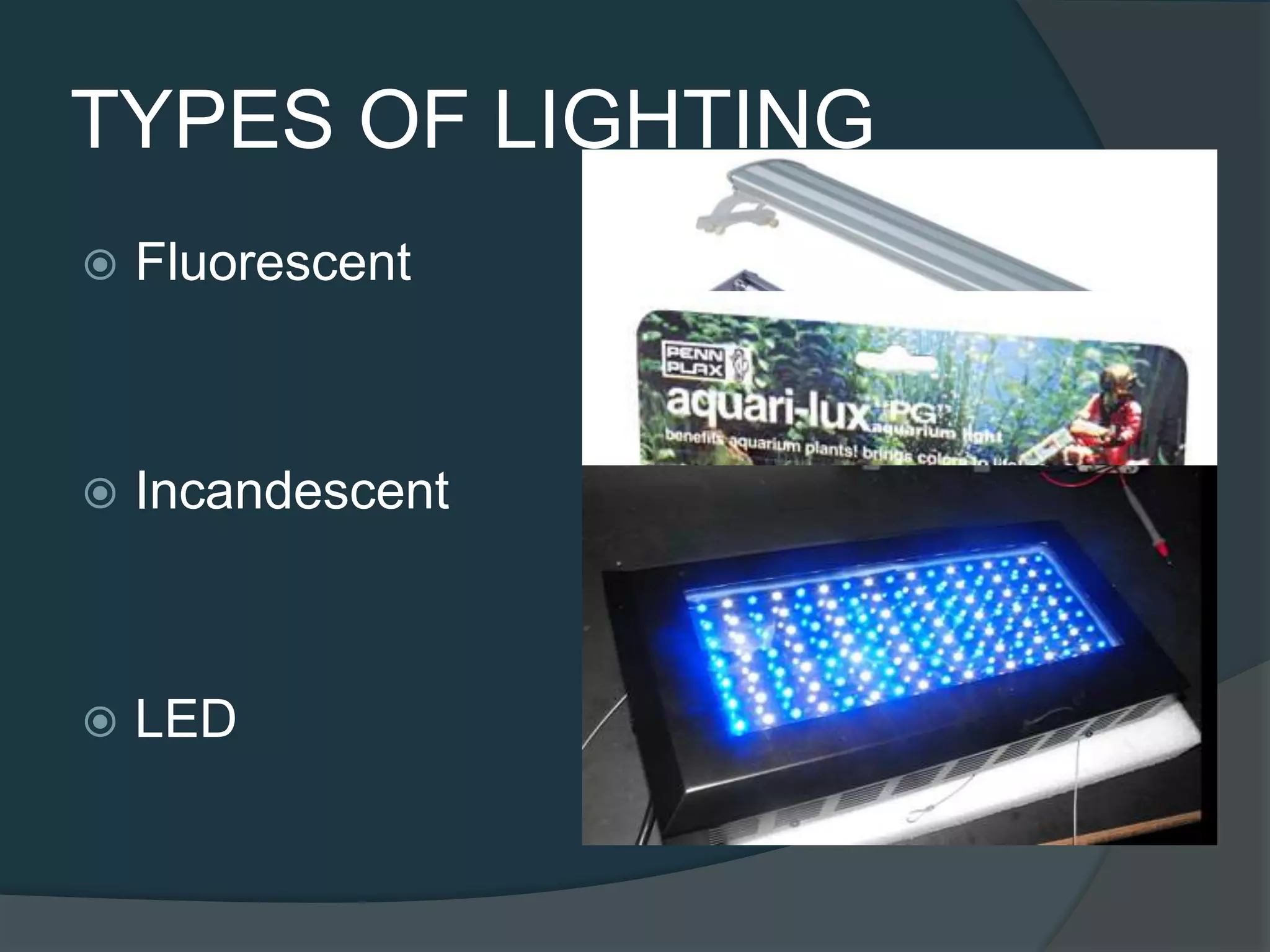 TYPES OF LIGHTING
 Fluorescent
 Incandescent
 LED
 