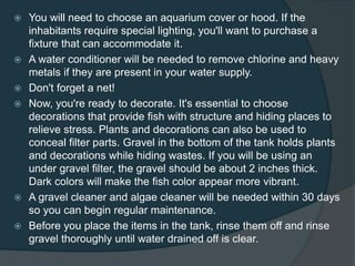  You will need to choose an aquarium cover or hood. If the
inhabitants require special lighting, you'll want to purchase a
fixture that can accommodate it.
 A water conditioner will be needed to remove chlorine and heavy
metals if they are present in your water supply.
 Don't forget a net!
 Now, you're ready to decorate. It's essential to choose
decorations that provide fish with structure and hiding places to
relieve stress. Plants and decorations can also be used to
conceal filter parts. Gravel in the bottom of the tank holds plants
and decorations while hiding wastes. If you will be using an
under gravel filter, the gravel should be about 2 inches thick.
Dark colors will make the fish color appear more vibrant.
 A gravel cleaner and algae cleaner will be needed within 30 days
so you can begin regular maintenance.
 Before you place the items in the tank, rinse them off and rinse
gravel thoroughly until water drained off is clear.
 