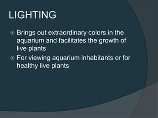 LIGHTING
 Brings out extraordinary colors in the
aquarium and facilitates the growth of
live plants
 For viewing aquarium inhabitants or for
healthy live plants
 