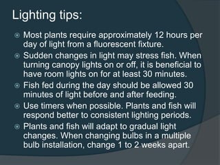 Lighting tips:
 Most plants require approximately 12 hours per
day of light from a fluorescent fixture.
 Sudden changes in light may stress fish. When
turning canopy lights on or off, it is beneficial to
have room lights on for at least 30 minutes.
 Fish fed during the day should be allowed 30
minutes of light before and after feeding.
 Use timers when possible. Plants and fish will
respond better to consistent lighting periods.
 Plants and fish will adapt to gradual light
changes. When changing bulbs in a multiple
bulb installation, change 1 to 2 weeks apart.
 