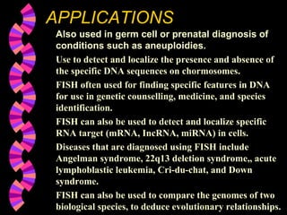 APPLICATIONS
Also used in germ cell or prenatal diagnosis of
conditions such as aneuploidies.
Use to detect and localize the presence and absence of
the specific DNA sequences on chormosomes.
FISH often used for finding specific features in DNA
for use in genetic counselling, medicine, and species
identification.
FISH can also be used to detect and localize specific
RNA target (mRNA, IncRNA, miRNA) in cells.
Diseases that are diagnosed using FISH include
Angelman syndrome, 22q13 deletion syndrome,, acute
lymphoblastic leukemia, Cri-du-chat, and Down
syndrome.
FISH can also be used to compare the genomes of two
biological species, to deduce evolutionary relationships.
 