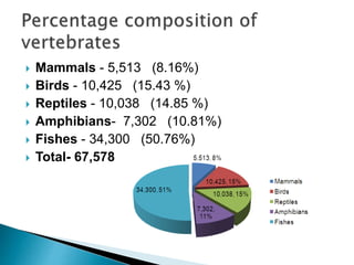  Mammals - 5,513 (8.16%)
 Birds - 10,425 (15.43 %)
 Reptiles - 10,038 (14.85 %)
 Amphibians- 7,302 (10.81%)
 Fishes - 34,300 (50.76%)
 Total- 67,578
 