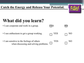 Catch the Energy and Release Your Potential.
What did you learn?
• I can cooperate and work in a group. YES NO
• I use enthusiasm to get a group working. YES NO
• I am sensitive to the feelings of others YES NO
when discussing and solving problems.
 