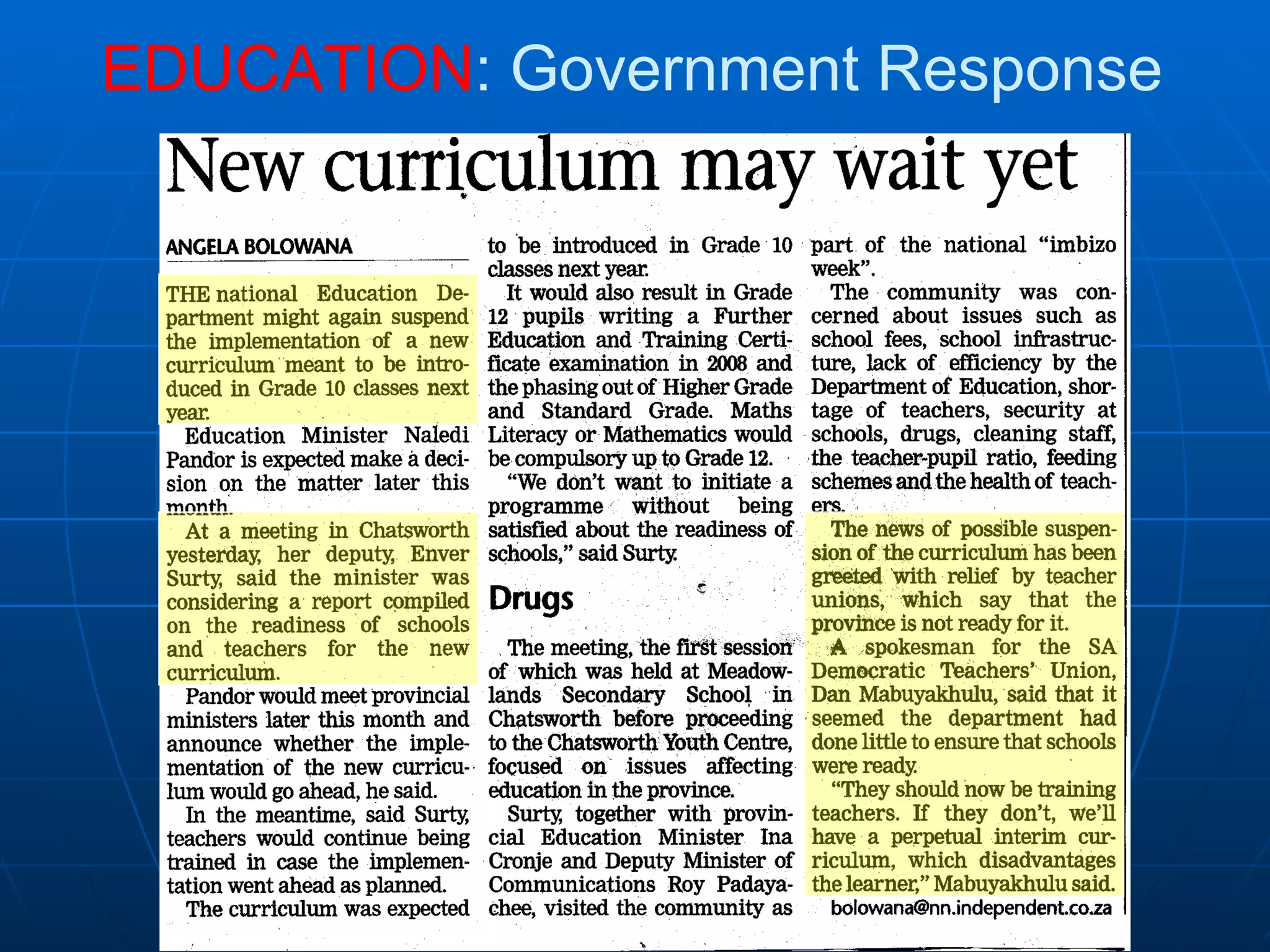 EDUCATION : Government Response 