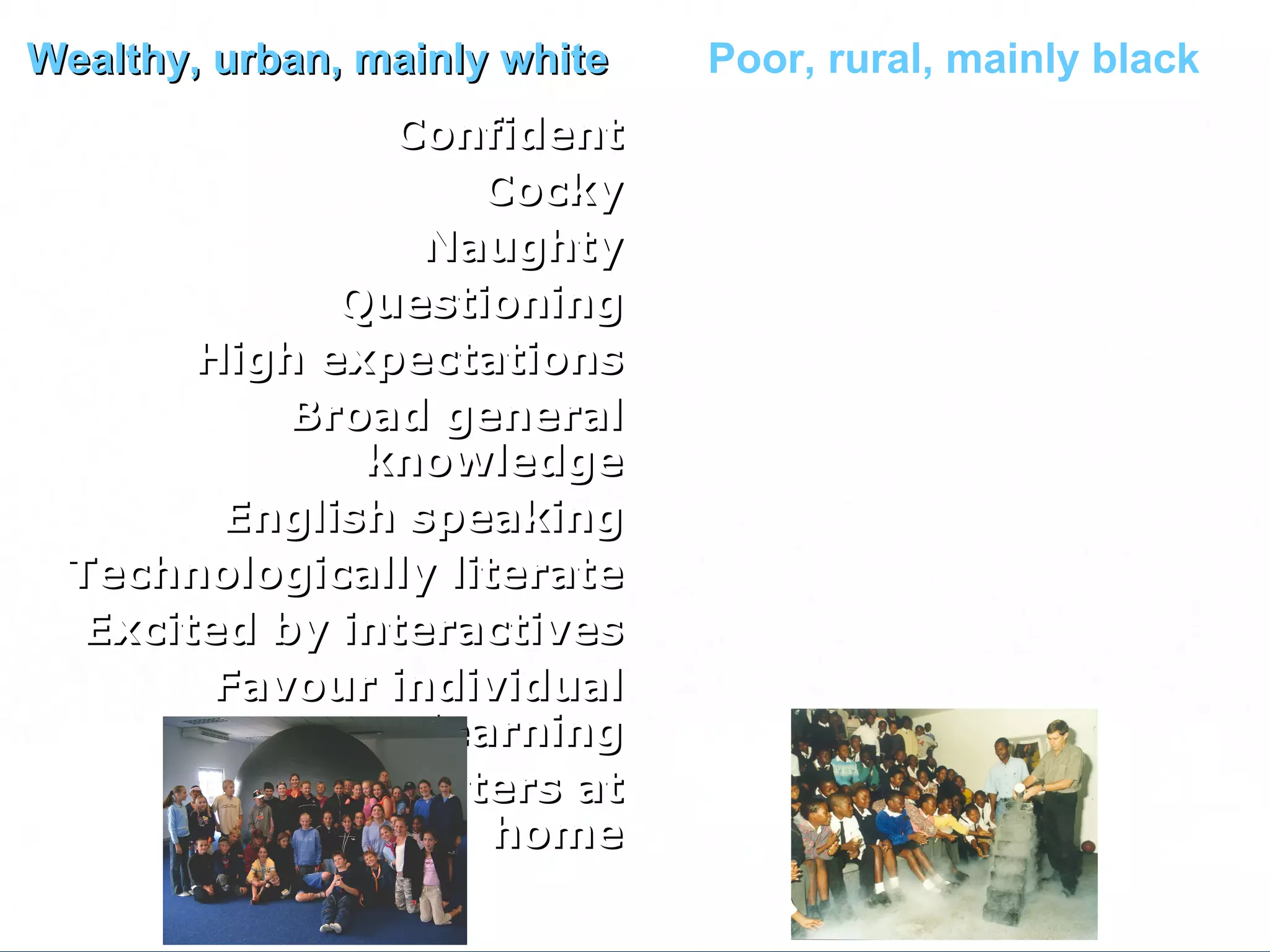 Wealthy, urban, mainly white Confident Cocky Naughty Questioning High expectations Broad general knowledge English speaking Technologically literate Excited by interactives Favour individual learning Have computers at home Lacking confidence Reserved Well behaved Accepting Low expectations Poor general knowledge isiZulu speaking No access to technology (Initially) Afraid of interactives Favour group learning Never used a computer Poor, rural, mainly black 