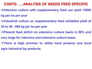 CONTD …..ANALYSIS OF NEEDS FEED SPECIFIC
Intensive culture with supplementary feed can yield 15000
kg per ha per year
Industrial culture on supplementary feed exhibited yield of
35 to 50 , 000 kg per ha per year
Present feed deficit on extensive culture basis is 88% and
very large for intensive and extensive culture basis.
There is high promise to utilize local produce and local
agro industrial by products.
 