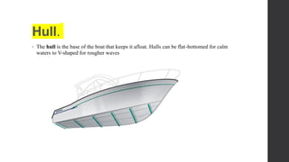 Hull.
• The hull is the base of the boat that keeps it afloat. Hulls can be flat-bottomed for calm
waters to V-shaped for rougher waves
 
