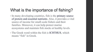 What is the importance of fishing?
• In many developing countries, fish is the primary source
of protein and essential nutrients. Also, it provides a vital
source of income for small-scale fishers and their
families. Moreover, it can help protect marine
ecosystems and maintain fish stocks at healthy levels.
• The Greek word within the fish is ICHTHUS, which
means “fish” in Greek.
 