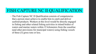 FISH CAPTURE NC II QUALIFICATION
• The Fish Capture NC II Qualification consists of competencies
that a person must achieve to enable him to catch and deliver
seafood products. Workers at this level would be directly engaged
in fishing and other related fishing activities in inland bodies of
waters and marine waters within 15 kilometers from the coastline
(and other provisions for municipal waters) using fishing vessels
of three (3) gross tons or less.
 