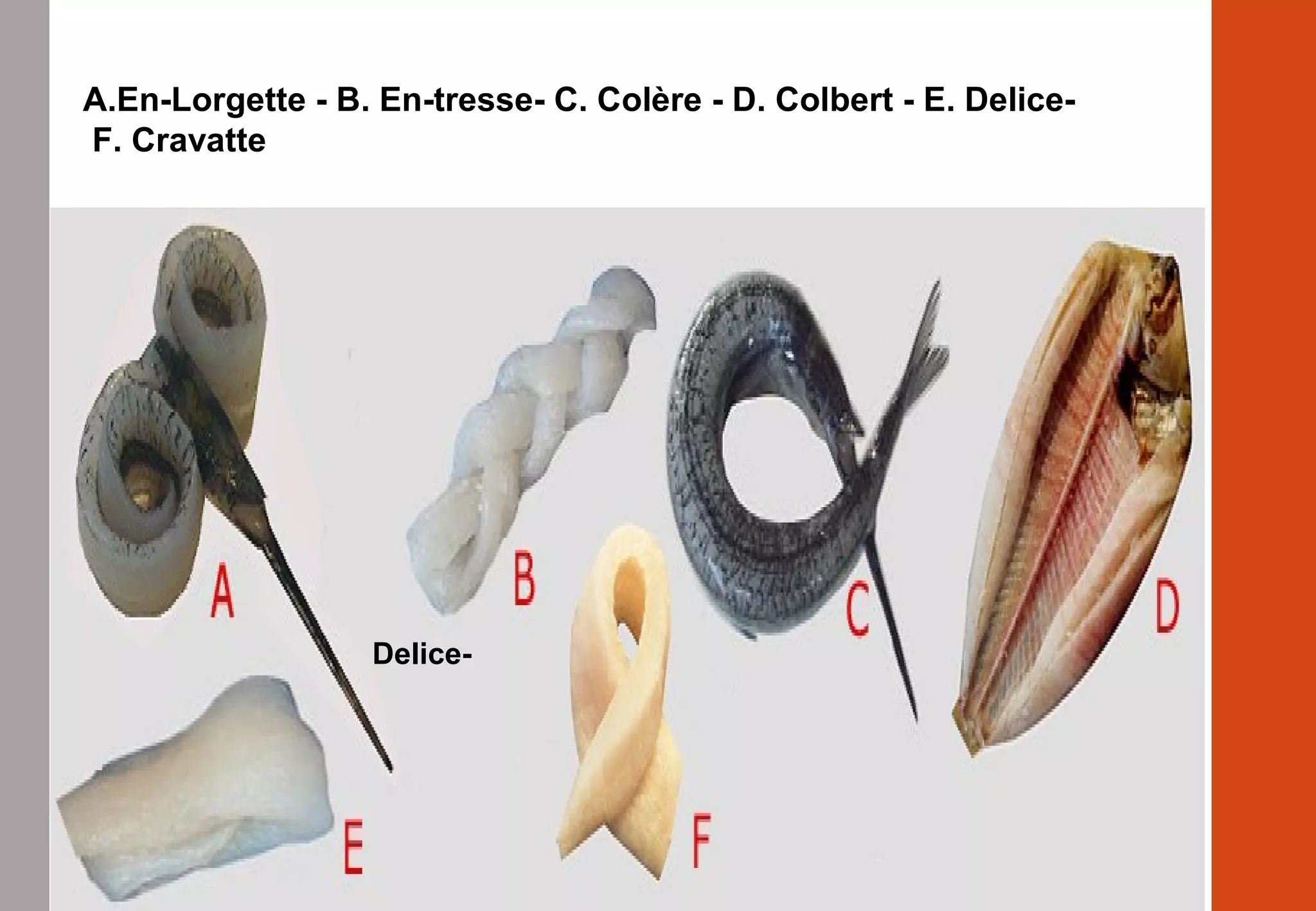 A.En-Lorgette - B. En-tresse- C. Colère - D. Colbert - E. Delice-
F. Cravatte
Delice-
 