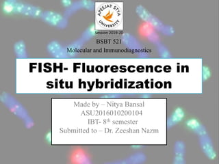 BSBT 521
Molecular and Immunodiagnostics
Session 2019-20
FISH- Fluorescence in
situ hybridization
Made by – Nitya Bansal
ASU2016010200104
IBT- 8th semester
Submitted to – Dr. Zeeshan Nazm
 