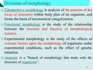 Divisions of morphology
 Comparative morphology is analysis of the patterns of the
locus of structures within body plan of an organism, and
forms the basis of taxonomical categorization.
 Functional morphology is the study of the relationship
between the structure and function of morphological
features.
 Experimental morphology is the study of the effects of
external factors upon the morphology of organisms under
experimental conditions, such as the effect of genetic
mutation.
 Anatomy is a "branch of morphology that deals with the
structure of organisms“.
4
 