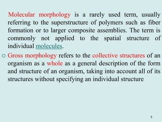 Molecular morphology is a rarely used term, usually
referring to the superstructure of polymers such as fiber
formation or to larger composite assemblies. The term is
commonly not applied to the spatial structure of
individual molecules.
 Gross morphology refers to the collective structures of an
organism as a whole as a general description of the form
and structure of an organism, taking into account all of its
structures without specifying an individual structure
5
 