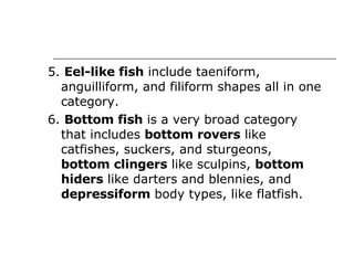 5.  Eel-like fish  include taeniform, anguilliform, and filiform shapes all in one category.  6.  Bottom fish  is a very broad category that includes  bottom rovers  like catfishes, suckers, and sturgeons,  bottom clingers  like sculpins,  bottom hiders  like darters and blennies, and  depressiform  body types, like flatfish.  