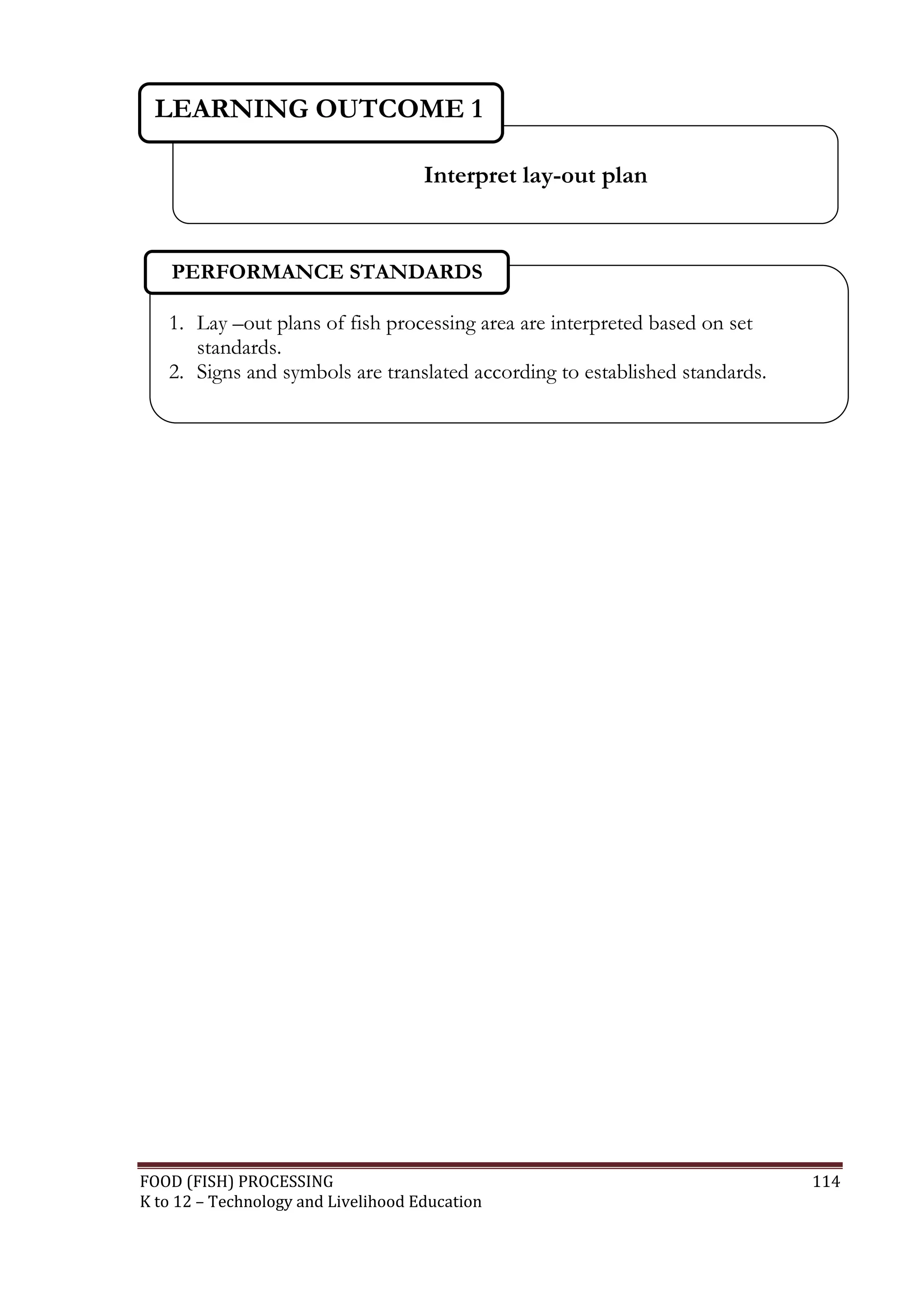 LEARNING OUTCOME 1

                                     Interpret lay-out plan


    PERFORMANCE STANDARDS

   1. Lay –out plans of fish processing area are interpreted based on set
      standards.
   2. Signs and symbols are translated according to established standards.




FOOD (FISH) PROCESSING                                                       114
K to 12 – Technology and Livelihood Education
 