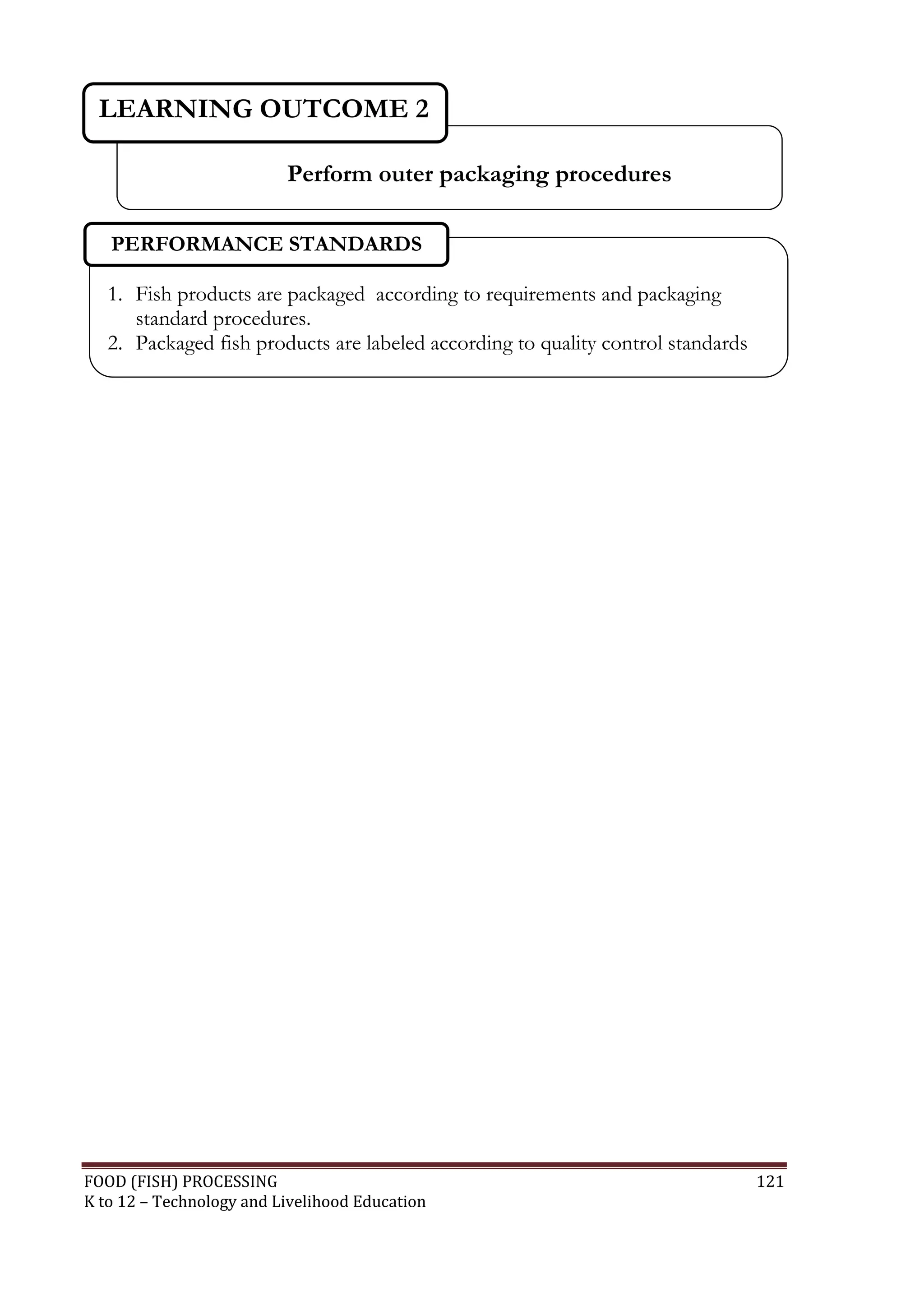 LEARNING OUTCOME 2

                          Perform outer packaging procedures

   PERFORMANCE STANDARDS

   1. Fish products are packaged according to requirements and packaging
      standard procedures.
   2. Packaged fish products are labeled according to quality control standards




FOOD (FISH) PROCESSING                                                            121
K to 12 – Technology and Livelihood Education
 