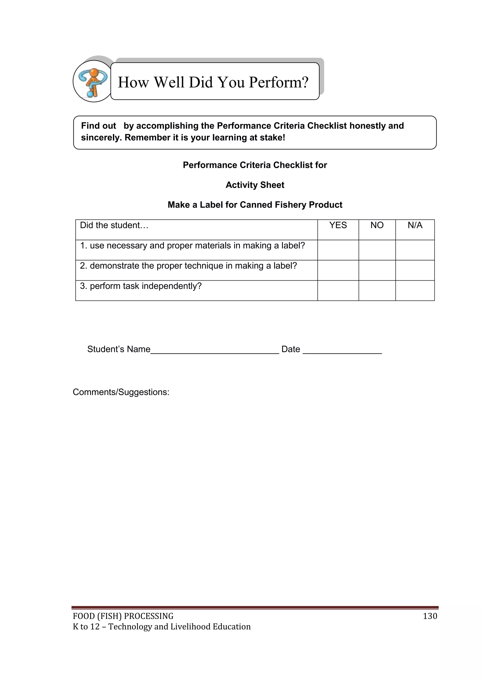 How Well Did You Perform?

  Find out by accomplishing the Performance Criteria Checklist honestly and
  sincerely. Remember it is your learning at stake!


                           Performance Criteria Checklist for

                                      Activity Sheet

                       Make a Label for Canned Fishery Product

 Did the student…                                               YES   NO      N/A

 1. use necessary and proper materials in making a label?

 2. demonstrate the proper technique in making a label?

 3. perform task independently?




   Student’s Name__________________________ Date ________________



Comments/Suggestions:




FOOD (FISH) PROCESSING                                                              130
K to 12 – Technology and Livelihood Education
 