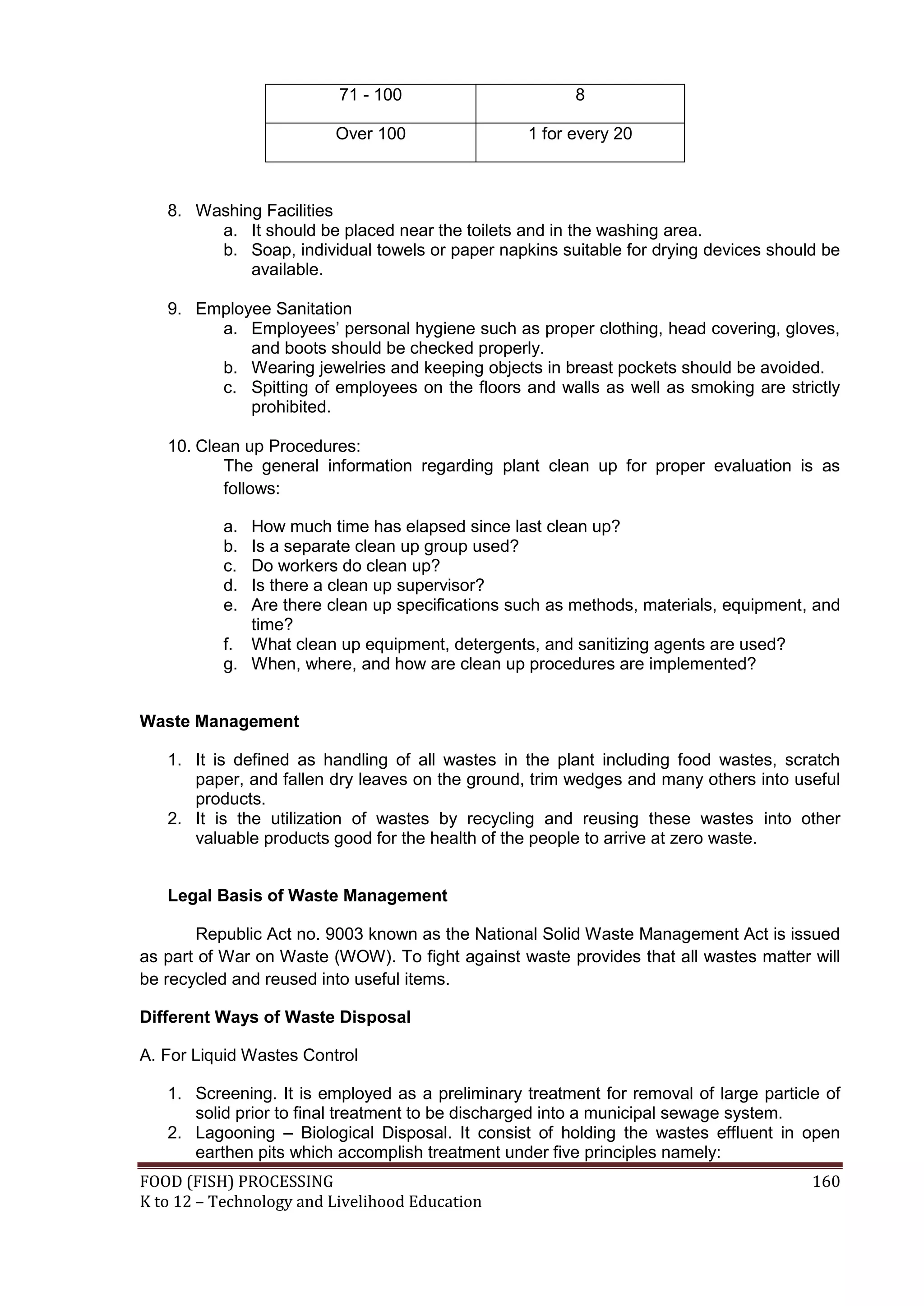 71 - 100                      8

                         Over 100                 1 for every 20



   8. Washing Facilities
        a. It should be placed near the toilets and in the washing area.
        b. Soap, individual towels or paper napkins suitable for drying devices should be
            available.

   9. Employee Sanitation
        a. Employees’ personal hygiene such as proper clothing, head covering, gloves,
            and boots should be checked properly.
        b. Wearing jewelries and keeping objects in breast pockets should be avoided.
        c. Spitting of employees on the floors and walls as well as smoking are strictly
            prohibited.

   10. Clean up Procedures:
          The general information regarding plant clean up for proper evaluation is as
          follows:

           a. How much time has elapsed since last clean up?
           b. Is a separate clean up group used?
           c. Do workers do clean up?
           d. Is there a clean up supervisor?
           e. Are there clean up specifications such as methods, materials, equipment, and
              time?
           f. What clean up equipment, detergents, and sanitizing agents are used?
           g. When, where, and how are clean up procedures are implemented?


Waste Management

   1. It is defined as handling of all wastes in the plant including food wastes, scratch
      paper, and fallen dry leaves on the ground, trim wedges and many others into useful
      products.
   2. It is the utilization of wastes by recycling and reusing these wastes into other
      valuable products good for the health of the people to arrive at zero waste.


   Legal Basis of Waste Management

       Republic Act no. 9003 known as the National Solid Waste Management Act is issued
as part of War on Waste (WOW). To fight against waste provides that all wastes matter will
be recycled and reused into useful items.

Different Ways of Waste Disposal

A. For Liquid Wastes Control

   1. Screening. It is employed as a preliminary treatment for removal of large particle of
      solid prior to final treatment to be discharged into a municipal sewage system.
   2. Lagooning – Biological Disposal. It consist of holding the wastes effluent in open
      earthen pits which accomplish treatment under five principles namely:
FOOD (FISH) PROCESSING                                                                 160
K to 12 – Technology and Livelihood Education
 