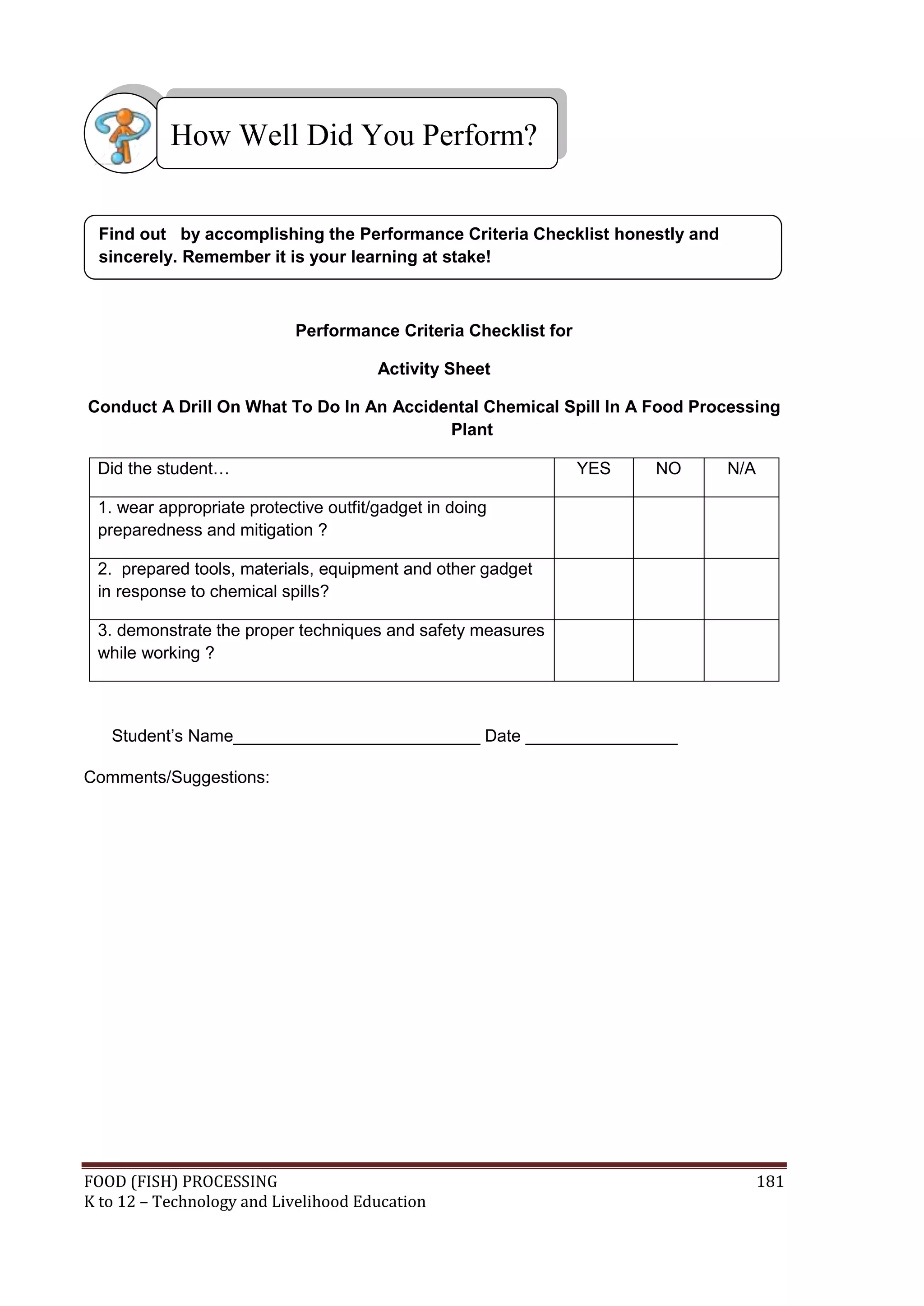 How Well Did You Perform?


 Find out by accomplishing the Performance Criteria Checklist honestly and
 sincerely. Remember it is your learning at stake!



                           Performance Criteria Checklist for

                                       Activity Sheet

Conduct A Drill On What To Do In An Accidental Chemical Spill In A Food Processing
                                          Plant

 Did the student…                                               YES   NO     N/A

 1. wear appropriate protective outfit/gadget in doing
 preparedness and mitigation ?

 2. prepared tools, materials, equipment and other gadget
 in response to chemical spills?

 3. demonstrate the proper techniques and safety measures
 while working ?



   Student’s Name__________________________ Date ________________

Comments/Suggestions:




FOOD (FISH) PROCESSING                                                             181
K to 12 – Technology and Livelihood Education
 