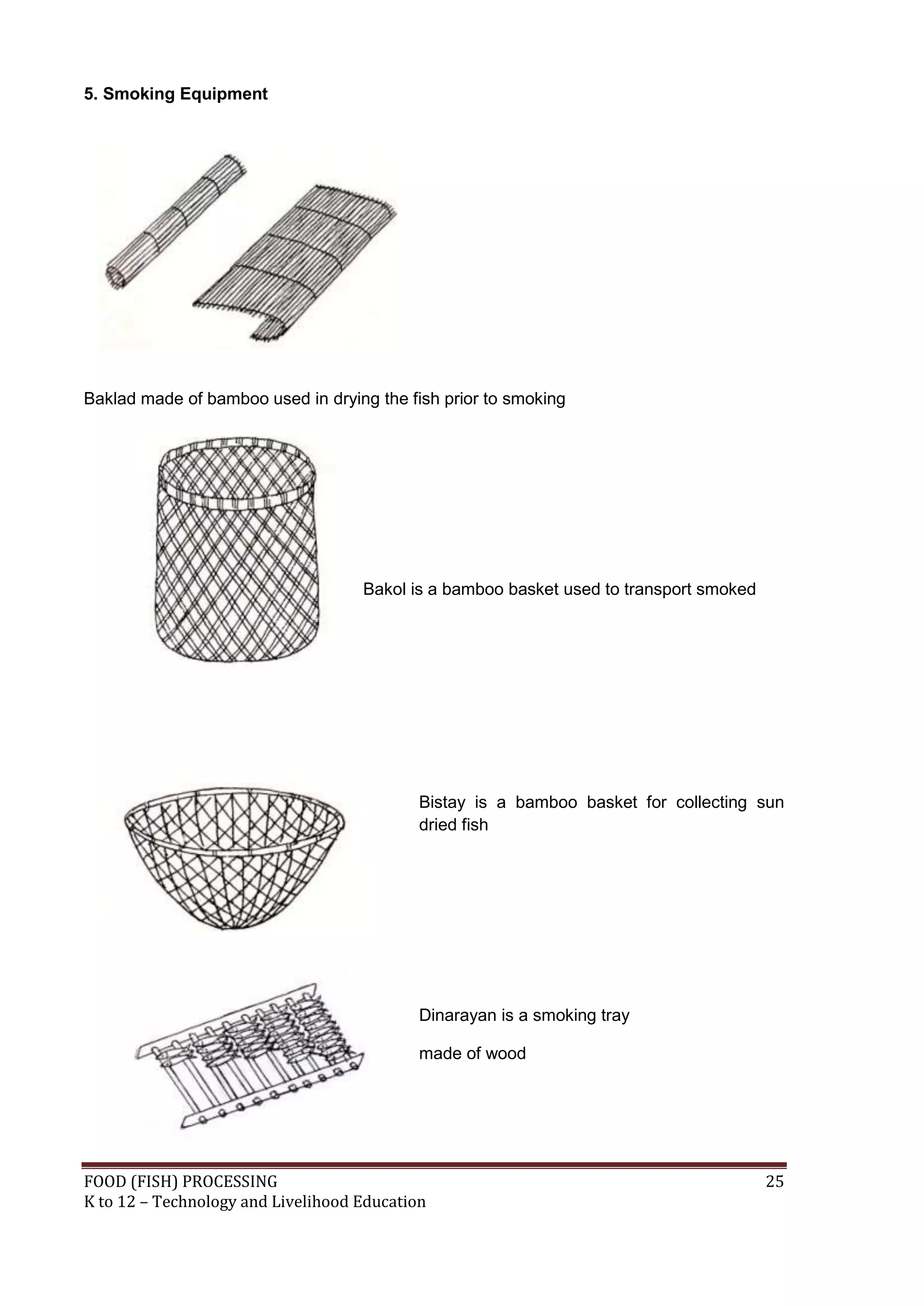 5. Smoking Equipment




Baklad made of bamboo used in drying the fish prior to smoking




                                    Bakol is a bamboo basket used to transport smoked
                             fish




                                            Bistay is a bamboo basket for collecting sun
                                            dried fish




                                            Dinarayan is a smoking tray

                                            made of wood




FOOD (FISH) PROCESSING                                                                  25
K to 12 – Technology and Livelihood Education
 
