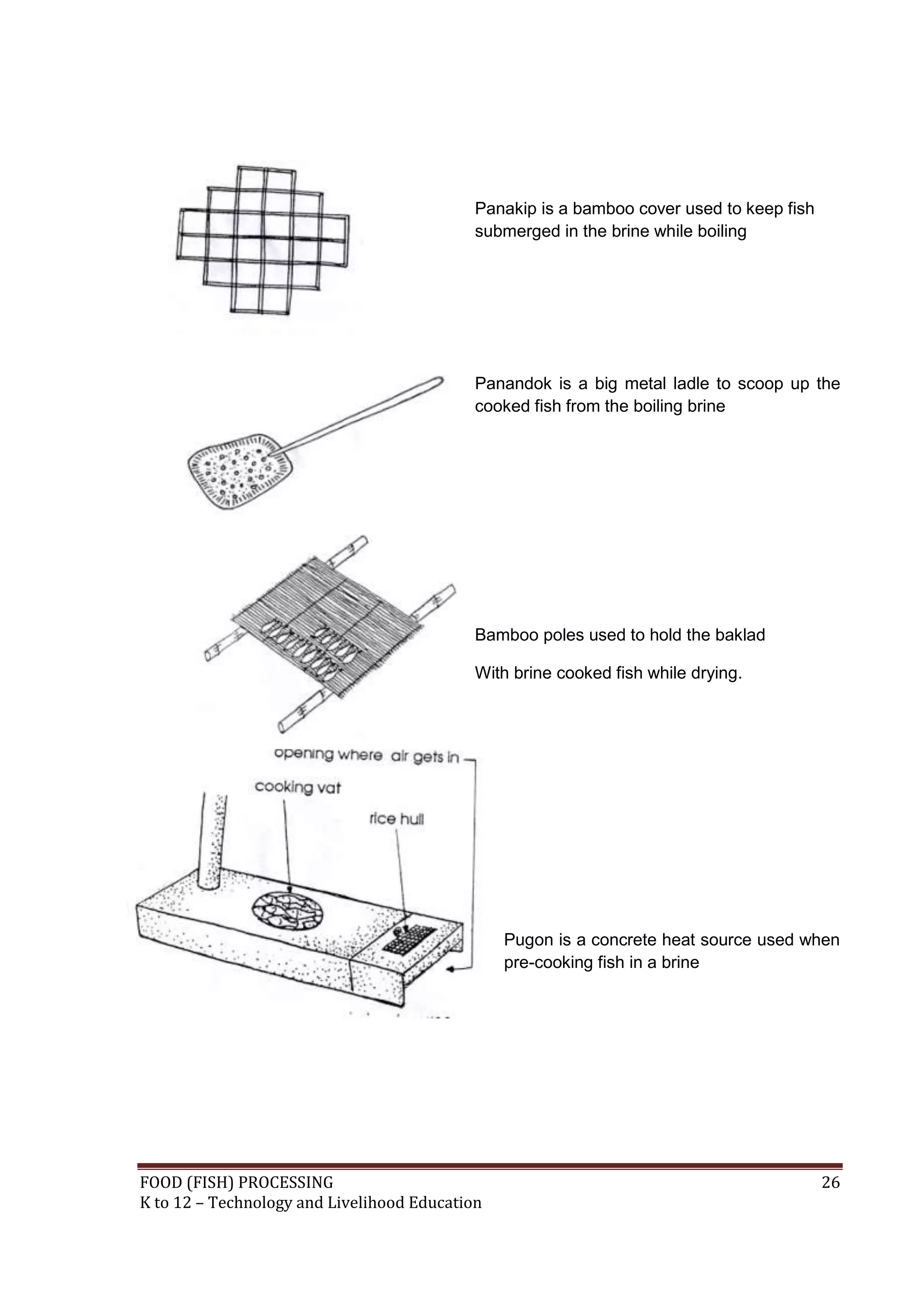 Panakip is a bamboo cover used to keep fish
                                            submerged in the brine while boiling




                                            Panandok is a big metal ladle to scoop up the
                                            cooked fish from the boiling brine




                                            Bamboo poles used to hold the baklad

                                            With brine cooked fish while drying.




                                                Pugon is a concrete heat source used when
                                                pre-cooking fish in a brine




FOOD (FISH) PROCESSING                                                                    26
K to 12 – Technology and Livelihood Education
 