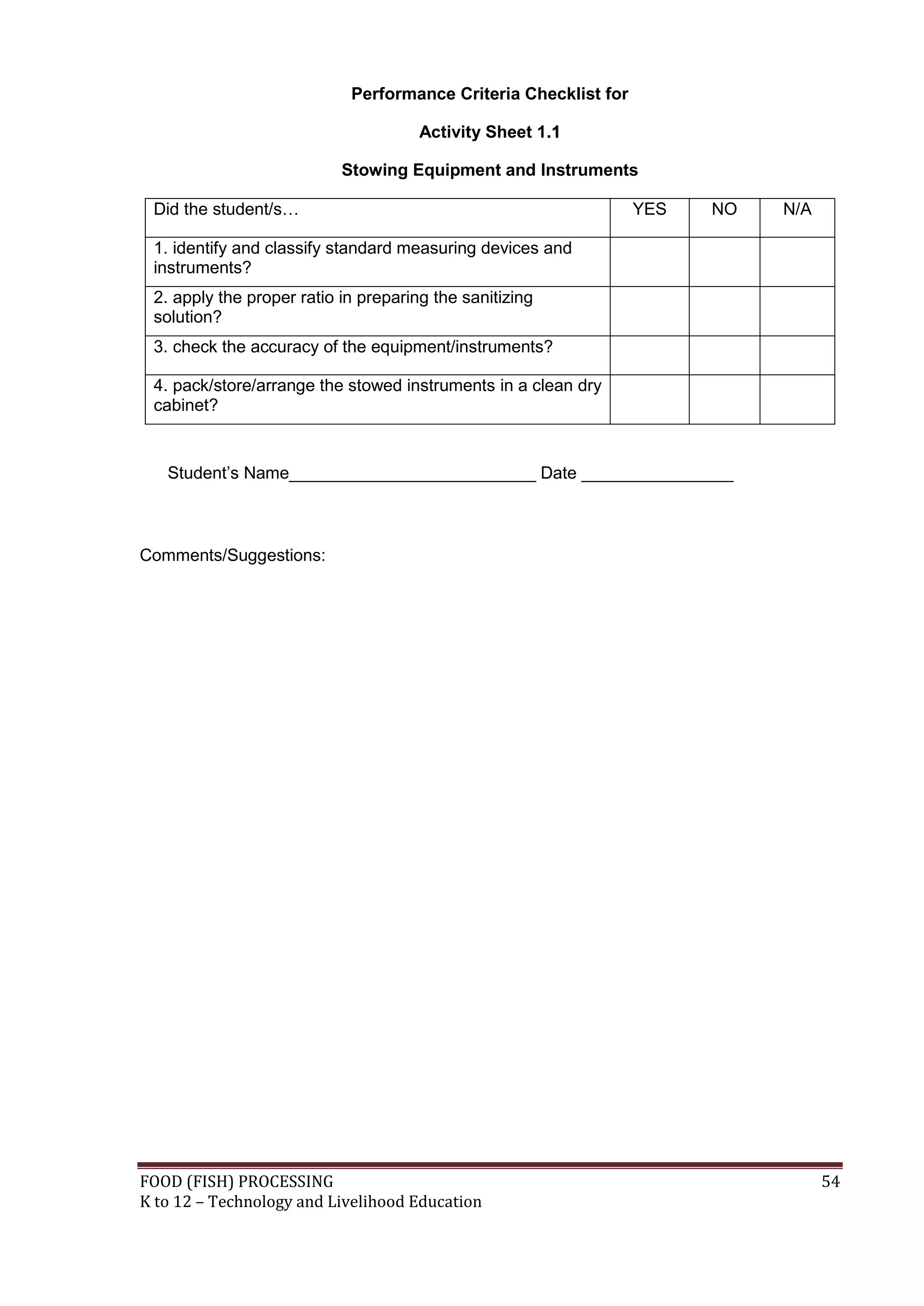 Performance Criteria Checklist for

                                      Activity Sheet 1.1
                                                      .

                           Stowing Equipment and Instruments

 Did the student/s…                                              YES   NO   N/A

 1. identify and classify standard measuring devices and
 instruments?
 2. apply the proper ratio in preparing the sanitizing
 solution?
 3. check the accuracy of the equipment/instruments?

 4. pack/store/arrange the stowed instruments in a clean dry
 cabinet?


   Student’s Name__________________________ Date ________________



Comments/Suggestions:




FOOD (FISH) PROCESSING                                                            54
K to 12 – Technology and Livelihood Education
 