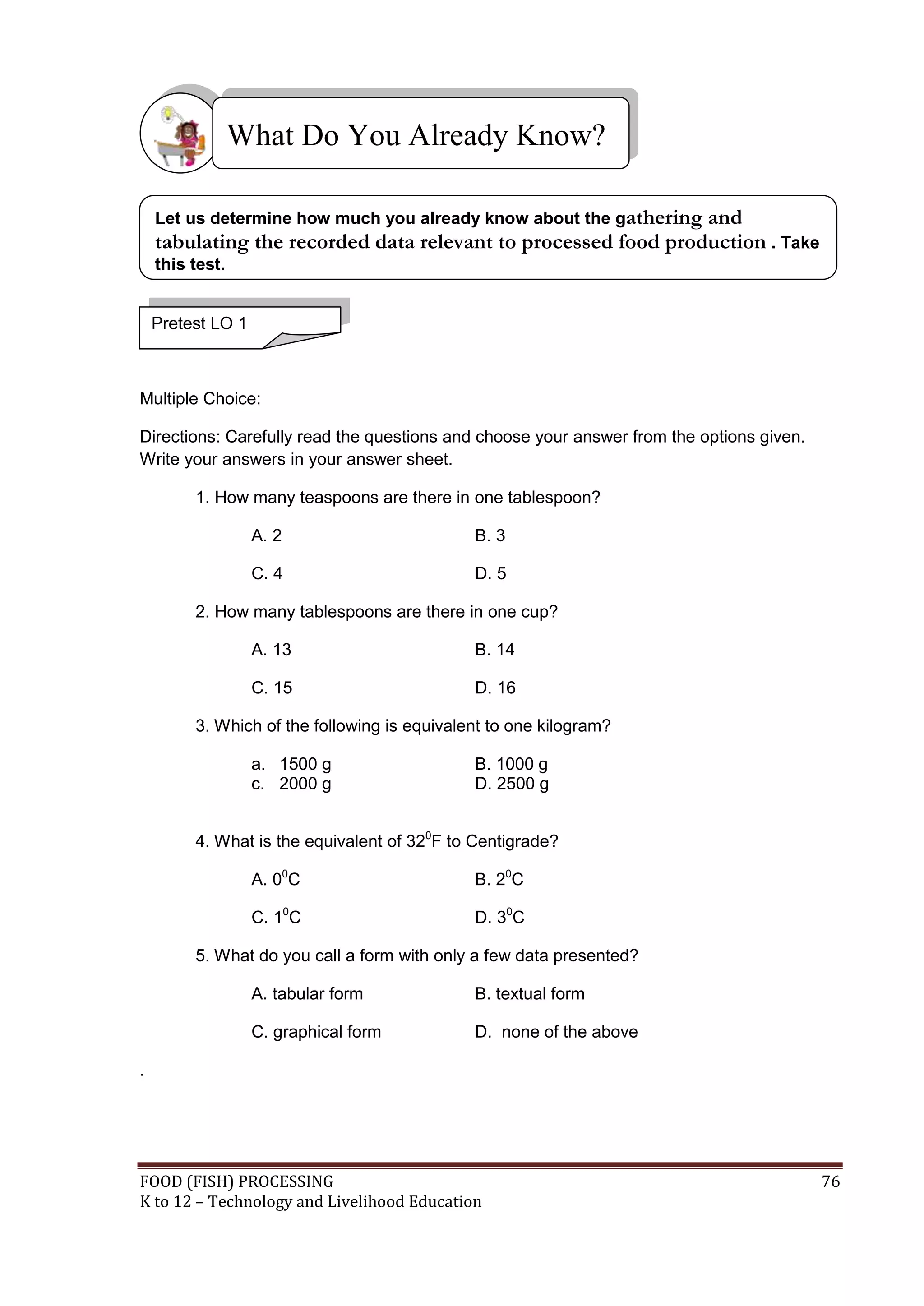 What Do You Already Know?

    Let us determine how much you already know about the gathering
                                                                and
    tabulating the recorded data relevant to processed food production . Take
    this test.


    Pretest LO 1



Multiple Choice:

Directions: Carefully read the questions and choose your answer from the options given.
Write your answers in your answer sheet.

         1. How many teaspoons are there in one tablespoon?

                   A. 2                       B. 3

                   C. 4                       D. 5

         2. How many tablespoons are there in one cup?

                   A. 13                      B. 14

                   C. 15                      D. 16

         3. Which of the following is equivalent to one kilogram?

                   a. 1500 g                  B. 1000 g
                   c. 2000 g                  D. 2500 g


         4. What is the equivalent of 320F to Centigrade?

                   A. 00C                     B. 20C

                   C. 10C                     D. 30C

         5. What do you call a form with only a few data presented?

                   A. tabular form            B. textual form

                   C. graphical form          D. none of the above

.




FOOD (FISH) PROCESSING                                                                    76
K to 12 – Technology and Livelihood Education
 