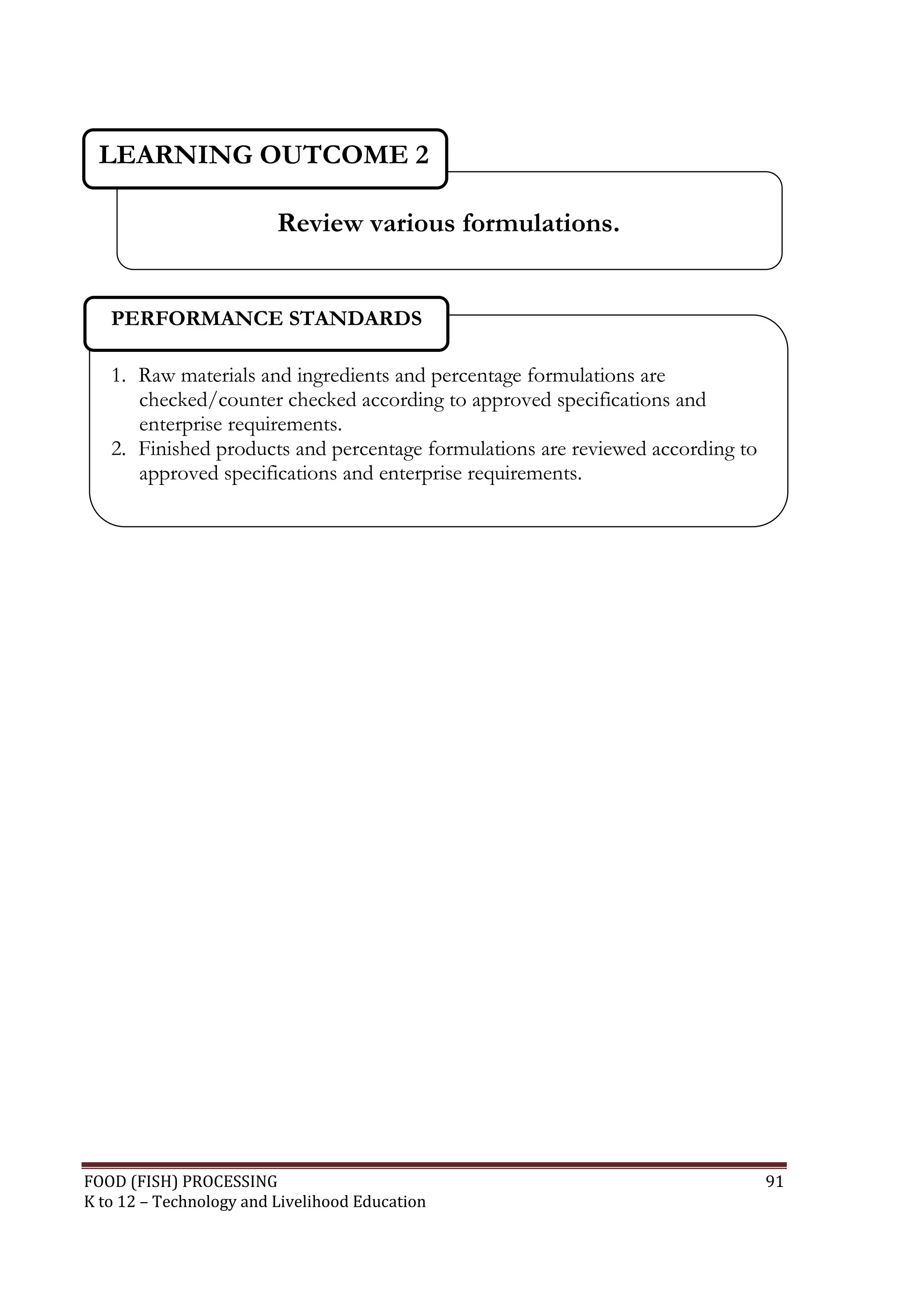 LEARNING OUTCOME 2

                         Review various formulations.


   PERFORMANCE STANDARDS

   1. Raw materials and ingredients and percentage formulations are
      checked/counter checked according to approved specifications and
      enterprise requirements.
   2. Finished products and percentage formulations are reviewed according to
      approved specifications and enterprise requirements.




FOOD (FISH) PROCESSING                                                          91
K to 12 – Technology and Livelihood Education
 