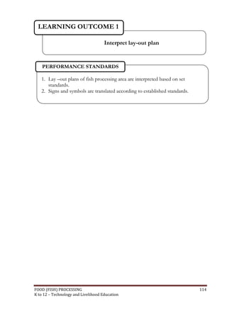 LEARNING OUTCOME 1

                                     Interpret lay-out plan


    PERFORMANCE STANDARDS

   1. Lay –out plans of fish processing area are interpreted based on set
      standards.
   2. Signs and symbols are translated according to established standards.




FOOD (FISH) PROCESSING                                                       114
K to 12 – Technology and Livelihood Education
 