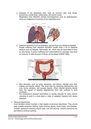 a. Diseases of the respiratory tract, such as common cold, sore throat,
              pneumonia, scarlet fever, tuberculosis, and trench mouth.
              Respiratory tract infections spread microorganisms such as staphylococci,
              which are indigenous to portions of the respiratory tract.




           b. Intestinal disorders, such as dysentery, typhoid fever and infectious hepatitis.
              People suffering from intestinal disorders usually shed a lot of intestinal
              bacteria such as Shigella, Salmonella, etc. which may be transmitted to food
              by dirty hands. A person suffering from salmonellosis for example, may shed
              as many as 10 cells per gram of feces, during illness (ICMSF,1988).




           c. Skin disorders, such as sores, abrasions, and lesions, infected ears, boil,
              scabies and severe rashes. The usual sites for harboring staphylococci are
              cuts, burns, abrasion, and pustular lesions. When infected persons handle
              food, the hazard of passing staphylococci from skin surfaces to food
              increases.
              Pre employment physical examination is usually required for every person
              intending to work in a food plant in order to establish freedom from above
              diseases.

   3. Personal Cleanliness.
      Food handlers should maintain a high degree of personal cleanliness. They should
      wear suitable protective clothing, head covering, gloves, facial masks, and footwear.
      Suitable waterproof dressing should cover cuts and wounds, wherein personnel are
      permitted to continue working.


FOOD (FISH) PROCESSING                                                                    137
K to 12 – Technology and Livelihood Education
 