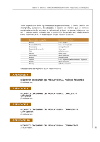 161
CÓDIGO DE PRÁCTICAS PARA EL PESCADO Y LOS PRODUCTOS PESQUEROS (CAC/RCP 52-2003)
Todos los productos de las siguientes especies pertenecientes a la familia Gadidae son
desangrados, eviscerados, descabezados y abiertos de manera que se eliminen
aproximadamente dos tercios de la espina dorsal, se lavan y se saturan totalmente con
sal. El pescado salado utilizado para la producción de pescado seco salado debería
haber alcanzado un 95 % de saturación con sal antes de su secado.
Denominación en español Denominación en latín
Bacalao Gadus morhua
Bacalao del Pacíﬁco Gadus macrocephalus
Bacalao polar Boreogadus saida
Bacalao de Groenlandia Gadus ogac
Colín Pollachius virens
Maruca Molva molva
Maruca azul Molva dypterygia
Brosmio Brosme brosme
Egleﬁno Gadus aegleﬁnus / Melanogrammus aegleﬁnus
Brótola Phycis blennoides
Abadejo Pollachius pollachius
Otras secciones del Apéndice 6 aún en elaboración.
APÉNDICE 7
REQUISITOS OPCIONALES DEL PRODUCTO FINAL: PESCADO AHUMADO
En elaboración.
APÉNDICE 8
REQUISITOS OPCIONALES DEL PRODUCTO FINAL: LANGOSTAS Y
CANGREJOS
En elaboración.
APÉNDICE 9
REQUISITOS OPCIONALES DEL PRODUCTO FINAL: CAMARONES Y
LANGOSTINOS
En elaboración.
APÉNDICE 10
REQUISITOS OPCIONALES DEL PRODUCTO FINAL: CEFALÓPODOS
En elaboración.
 