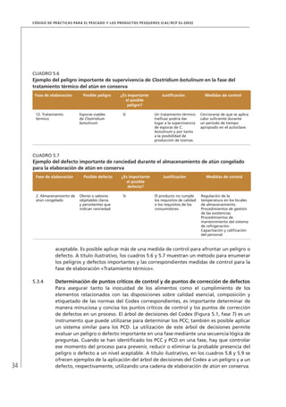 34
CÓDIGO DE PRÁCTICAS PARA EL PESCADO Y LOS PRODUCTOS PESQUEROS (CAC/RCP 52-2003)
aceptable. Es posible aplicar más de una medida de control para afrontar un peligro o
defecto. A título ilustrativo, los cuadros 5.6 y 5.7 muestran un método para enumerar
los peligros y defectos importantes y las correspondientes medidas de control para la
fase de elaboración «Tratamiento térmico».
5.3.4 Determinación de puntos críticos de control y de puntos de corrección de defectos
Para asegurar tanto la inocuidad de los alimentos como el cumplimiento de los
elementos relacionados con las disposiciones sobre calidad esencial, composición y
etiquetado de las normas del Codex correspondientes, es importante determinar de
manera minuciosa y concisa los puntos críticos de control y los puntos de corrección
de defectos en un proceso. El árbol de decisiones del Codex (Figura 5.1, fase 7) es un
instrumento que puede utilizarse para determinar los PCC; también es posible aplicar
un sistema similar para los PCD. La utilización de este árbol de decisiones permite
evaluar un peligro o defecto importante en una fase mediante una secuencia lógica de
preguntas. Cuando se han identiﬁcado los PCC y PCD en una fase, hay que controlar
ese momento del proceso para prevenir, reducir o eliminar la probable presencia del
peligro o defecto a un nivel aceptable. A título ilustrativo, en los cuadros 5.8 y 5.9 se
ofrecen ejemplos de la aplicación del árbol de decisiones del Codex a un peligro y a un
defecto, respectivamente, utilizando una cadena de elaboración de atún en conserva.
CUADRO 5.6
Ejemplo del peligro importante de supervivencia de Clostridium botulinum en la fase del
tratamiento térmico del atún en conserva
Fase de elaboración Posible peligro ¿Es importante
el posible
peligro?
Justiﬁcación Medidas de control
12. Tratamiento
térmico
Esporas viables
de Clostridium
botulinum
Sí Un tratamiento térmico
ineﬁcaz podría dar
lugar a la supervivencia
de esporas de C.
botulinum y por tanto
a la posibilidad de
producción de toxinas.
Cerciorarse de que se aplica
calor suﬁciente durante
un período de tiempo
apropiado en el autoclave.
CUADRO 5.7
Ejemplo del defecto importante de ranciedad durante el almacenamiento de atún congelado
para la elaboración de atún en conserva
Fase de elaboración Posible defecto ¿Es importante
el posible
defecto?
Justiﬁcación Medidas de control
2. Almacenamiento de
atún congelado
Olores o sabores
objetables claros
y persistentes que
indican ranciedad.
Sí El producto no cumple
los requisitos de calidad
o los requisitos de los
consumidores.
Regulación de la
temperatura en los locales
de almacenamiento.
Procedimientos de gestión
de las existencias.
Procedimientos de
mantenimiento del sistema
de refrigeración.
Capacitación y caliﬁcación
del personal.
 