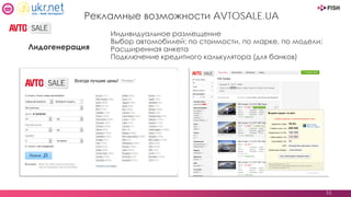53
Рекламные возможности AVTOSALE.UA
Лидогенерация
Индивидуальное размещение
Выбор автомобилей: по стоимости, по марке, по модели;
Расширенная анкета
Подключение кредитного калькулятора (для банков)
 