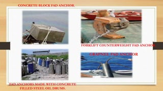 CONCRETE BLOCK FAD ANCHOR.
FORKLIFT COUNTERWEIGHT FAD ANCHOR.
FAD ANCHORS MADE WITH CONCRETE
FILLED STEEL OIL DRUMS.
GRAPNEL FAD ANCHOR
 