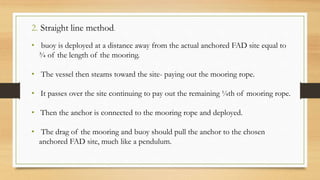 2. Straight line method.
• buoy is deployed at a distance away from the actual anchored FAD site equal to
¾ of the length of the mooring.
• The vessel then steams toward the site- paying out the mooring rope.
• It passes over the site continuing to pay out the remaining ¼th of mooring rope.
• Then the anchor is connected to the mooring rope and deployed.
• The drag of the mooring and buoy should pull the anchor to the chosen
anchored FAD site, much like a pendulum.
 