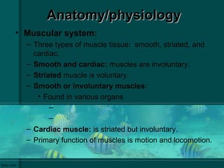 Anatomy/physiologyAnatomy/physiology
• Muscular system:
– Three types of muscle tissue: smooth, striated, and
cardiac.
– Smooth and cardiac: muscles are involuntary.
– Striated muscle is voluntary.
– Smooth or involuntary muscles:
• Found in various organs
–
–
– Cardiac muscle: is striated but involuntary.
– Primary function of muscles is motion and locomotion.
 