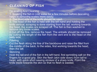 • CLEANING OF FISH
De-scaling And Cleaning
•
•
•
•
• 1. Soaking the fish in cold water for a few minutes before descaling,
helps in removing scales more easily.
2. The blunt side of the knife should be used.
3. The head of the fish is held with the left hand and holding the
knife vertical, scraping is done starting from the tail, working towards
the head, the scales are scraped off. The fish is then washed to
remove any loose scales.
4.Cut off the fins, remove the head. The entrails should be removed
by cutting the length of the fish from the vent end to the head on the
belly side.
Filleting
Cut the flesh along the line of the backbone and raise the fillet from
the middle of the back, to the sides, first working towards the head,
then the tall.
Skinning
Hold the tail end of the fish in the left hand, first sprinkling salt on the
fingers for a good grip. Skin the flesh (skin side down) from tail to
head, with quick short sawing strokes of a sharp knife. Point the
knife blade towards the skin so that no flesh is wasted.
 