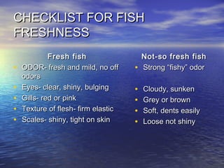 CHECKLIST FOR FISHCHECKLIST FOR FISH
FRESHNESSFRESHNESS
Fresh fishFresh fish
• ODOR- fresh and mild, no offODOR- fresh and mild, no off
odorsodors
• Eyes- clear, shiny, bulgingEyes- clear, shiny, bulging
• Gills- red or pinkGills- red or pink
• Texture of flesh- firm elasticTexture of flesh- firm elastic
• Scales- shiny, tight on skinScales- shiny, tight on skin
Not-so fresh fishNot-so fresh fish
• Strong “fishy” odorStrong “fishy” odor
• Cloudy, sunkenCloudy, sunken
• Grey or brownGrey or brown
• Soft, dents easilySoft, dents easily
• Loose not shinyLoose not shiny
 