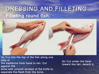 DRESSING AND FILLETINGDRESSING AND FILLETING
Filleting round fish.
(a) Cut into the top of the fish along one
side of
the backbone from head to tail. Cut
against the
bone with smooth strokes of the knife to
separate the flesh from the bone.
(b) Cut under the flesh
toward the tail; detach it.
 