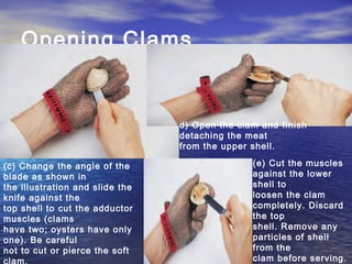 Opening Clams
(c) Change the angle of the
blade as shown in
the illustration and slide the
knife against the
top shell to cut the adductor
muscles (clams
have two; oysters have only
one). Be careful
not to cut or pierce the soft
d) Open the clam and finish
detaching the meat
from the upper shell.
(e) Cut the muscles
against the lower
shell to
loosen the clam
completely. Discard
the top
shell. Remove any
particles of shell
from the
clam before serving.
 