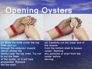 Opening Oysters
(c) Slide the knife under the top
shell and cut
through the adductor muscle
(which closes the
shells) near the top shell. Try not
to cut the flesh
of the oyster, or it will lose
plumpness. Remove
the top shell.
(d) Carefully cut the lower end of
the muscle
from the bottom shell to loosen
oyster. Remove
any particles of shell from the
oyster before
serving.
 