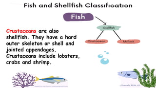 Crustaceans are also
shellfish. They have a hard
outer skeleton or shell and
jointed appendages.
Crustaceans include lobsters,
crabs and shrimp.
 