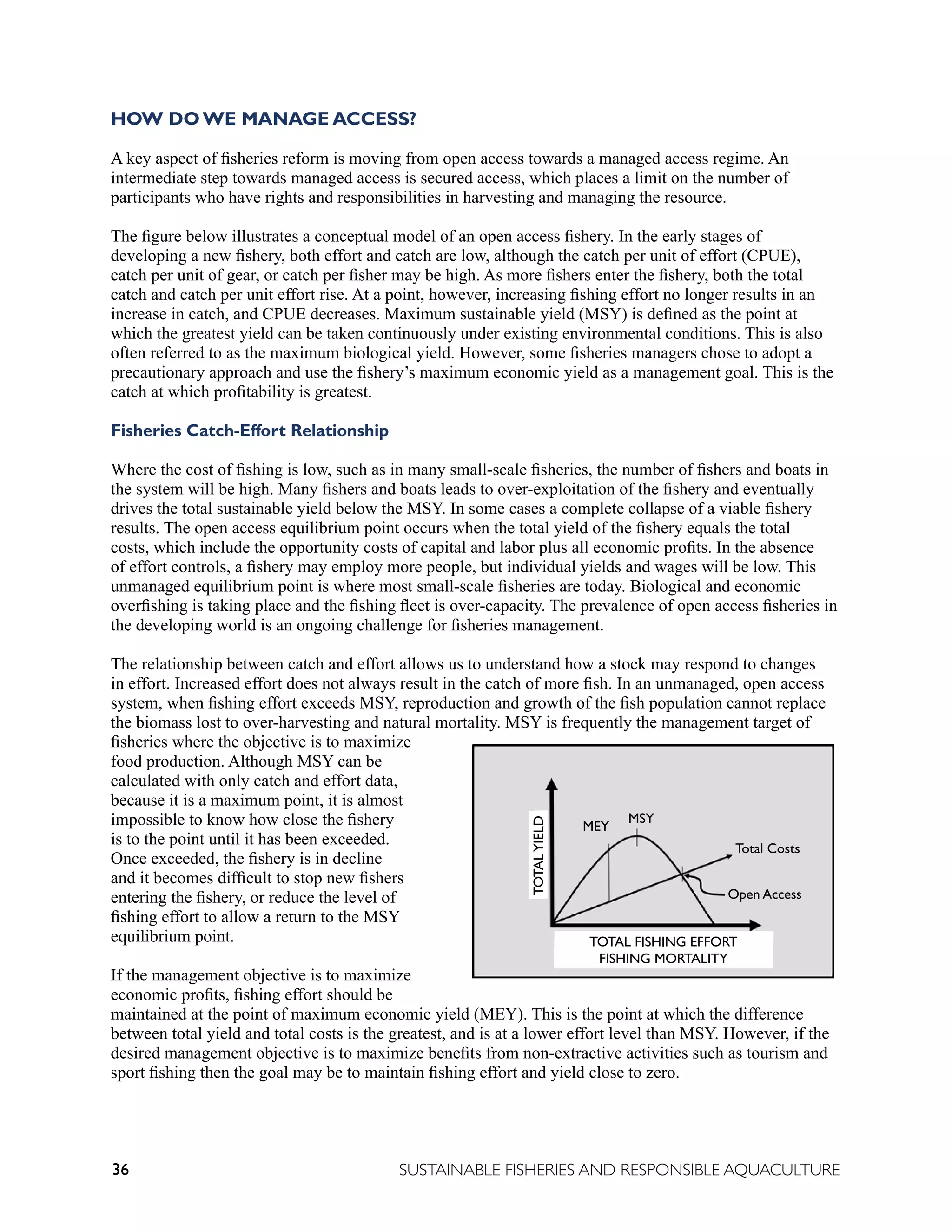 36 SUSTAINABLE FISHERIES AND RESPONSIBLE AQUACULTURE
HOW DO WE MANAGE ACCESS?
A key aspect of fisheries reform is moving from open access towards a managed access regime. An
intermediate step towards managed access is secured access, which places a limit on the number of
participants who have rights and responsibilities in harvesting and managing the resource.
The figure below illustrates a conceptual model of an open access fishery. In the early stages of
developing a new fishery, both effort and catch are low, although the catch per unit of effort (CPUE),
catch per unit of gear, or catch per fisher may be high. As more fishers enter the fishery, both the total
catch and catch per unit effort rise. At a point, however, increasing fishing effort no longer results in an
increase in catch, and CPUE decreases. Maximum sustainable yield (MSY) is defined as the point at
which the greatest yield can be taken continuously under existing environmental conditions. This is also
often referred to as the maximum biological yield. However, some fisheries managers chose to adopt a
precautionary approach and use the fishery’s maximum economic yield as a management goal. This is the
catch at which profitability is greatest.
Fisheries Catch-Effort Relationship
Where the cost of fishing is low, such as in many small-scale fisheries, the number of fishers and boats in
the system will be high. Many fishers and boats leads to over-exploitation of the fishery and eventually
drives the total sustainable yield below the MSY. In some cases a complete collapse of a viable fishery
results. The open access equilibrium point occurs when the total yield of the fishery equals the total
costs, which include the opportunity costs of capital and labor plus all economic profits. In the absence
of effort controls, a fishery may employ more people, but individual yields and wages will be low. This
unmanaged equilibrium point is where most small-scale fisheries are today. Biological and economic
overfishing is taking place and the fishing fleet is over-capacity. The prevalence of open access fisheries in
the developing world is an ongoing challenge for fisheries management.
The relationship between catch and effort allows us to understand how a stock may respond to changes
in effort. Increased effort does not always result in the catch of more fish. In an unmanaged, open access
system, when fishing effort exceeds MSY, reproduction and growth of the fish population cannot replace
the biomass lost to over-harvesting and natural mortality. MSY is frequently the management target of
fisheries where the objective is to maximize
food production. Although MSY can be
calculated with only catch and effort data,
because it is a maximum point, it is almost
impossible to know how close the fishery
is to the point until it has been exceeded.
Once exceeded, the fishery is in decline
and it becomes difficult to stop new fishers
entering the fishery, or reduce the level of
fishing effort to allow a return to the MSY
equilibrium point.
If the management objective is to maximize
economic profits, fishing effort should be
maintained at the point of maximum economic yield (MEY). This is the point at which the difference
between total yield and total costs is the greatest, and is at a lower effort level than MSY. However, if the
desired management objective is to maximize benefits from non-extractive activities such as tourism and
sport fishing then the goal may be to maintain fishing effort and yield close to zero.
MSY
MEY
Total Costs
Open Access
TOTAL FISHING EFFORT
FISHING MORTALITY
TOTAL
YIELD
 