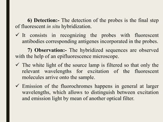 6) Detection:- The detection of the probes is the final step
of fluorescent in situ hybridization.
 It consists in recognizing the probes with fluorescent
antibodies corresponding antigenes incorporated in the probes.
7) Observation:- The hybridized sequences are observed
with the help of an epifluorescence microscope.
 The white light of the source lamp is filtered so that only the
relevant wavelengths for excitation of the fluorescent
molecules arrive onto the sample.
 Emission of the fluorochromes happens in general at larger
wavelengths, which allows to distinguish between excitation
and emission light by mean of another optical filter.
 