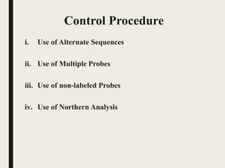 Control Procedure
i. Use of Alternate Sequences
ii. Use of Multiple Probes
iii. Use of non-labeled Probes
iv. Use of Northern Analysis
 